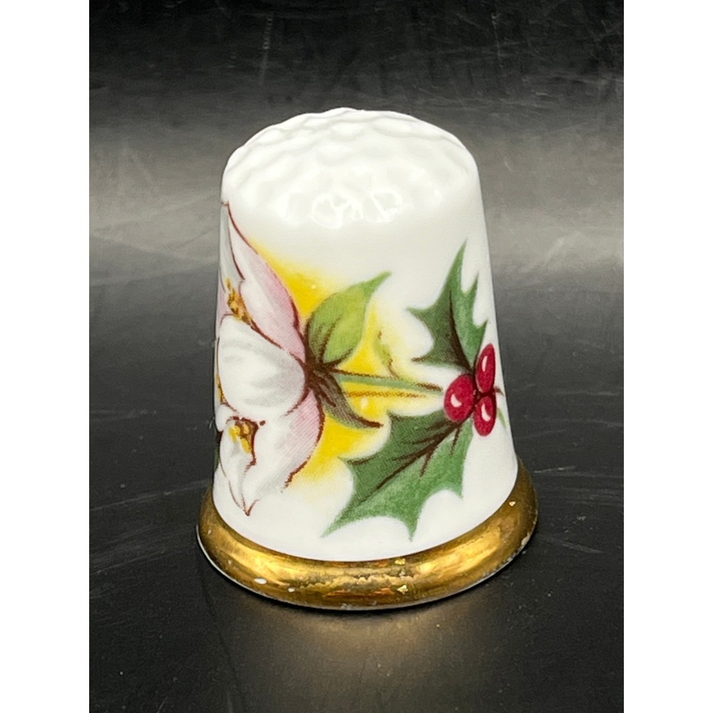 Vtg Munro Fine Bone China Thimble White Flower Holly Berry‎ England Collectible